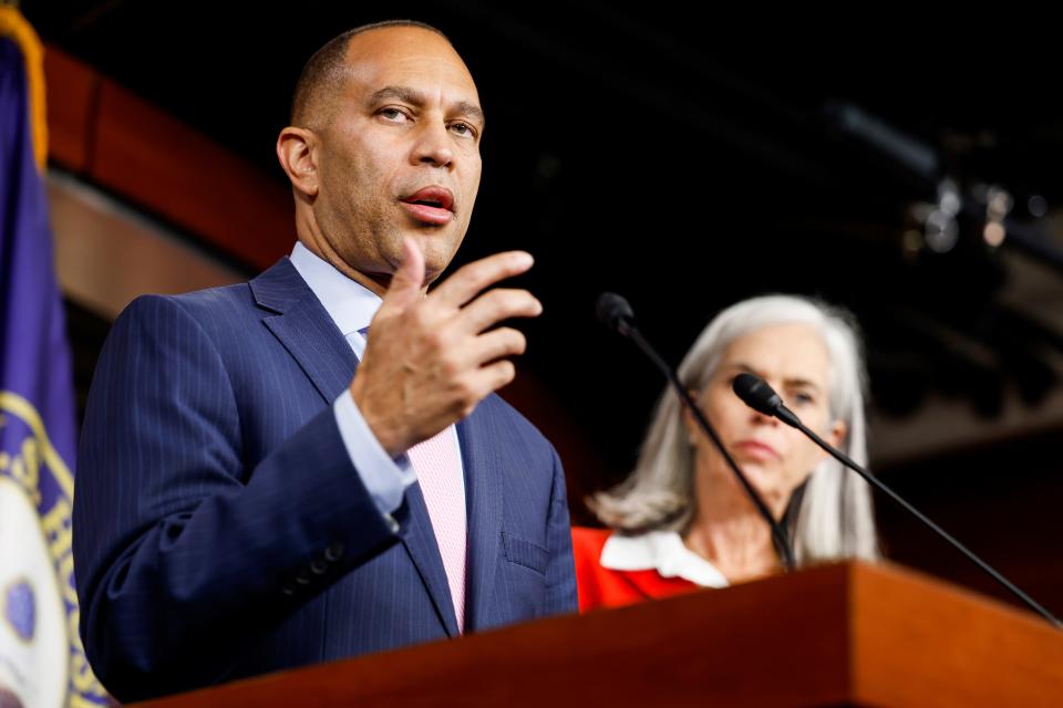 House Minority Leader Hakeem Jeffries, D-N.Y., speaks at a news conference at the U.S. Capitol Building following passage in the House of a 45-day continuing resolution on September 30, 2023 in Washington, DC.