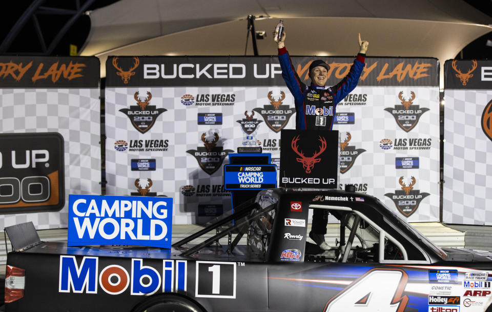 John Nemechek celebrates after winning the NASCAR Trucks auto race at Las Vegas Motor Speedway on Friday, March 5, 2021, in Las Vegas. (Chase Stevens/Las Vegas Review-Journal via AP)