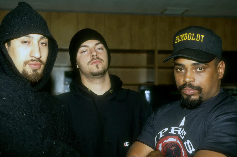 B-Real, DJ Muggs and Sen Dog of Cypress Hill pictured in 1991