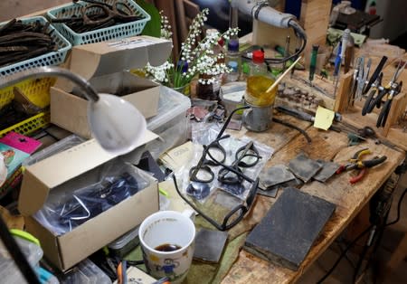 Eco-friendly sunglass frames, made of coffee waste,are seen in workshop near Kiev