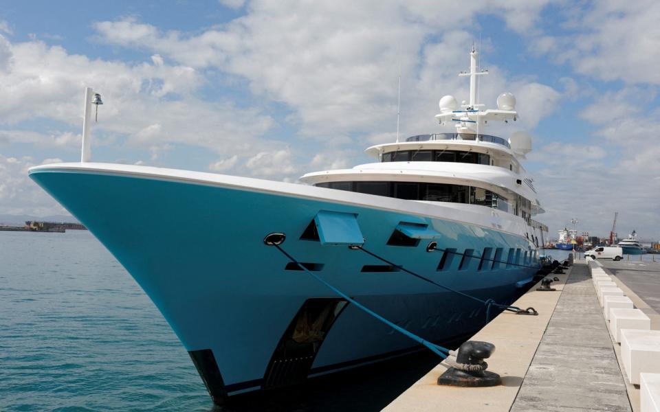 FILE PHOTO: The Axioma superyacht belonging to Russian oligarch Dmitrievich Pumpyansky who is on the EU's list of sanctioned Russians is seen docked at a port, amid Russia's invasion of Ukraine, in Gibraltar, March 21, 2022. REUTERS/Jon Nazca/File Photo  - REUTERS/Jon Nazca/File Photo 