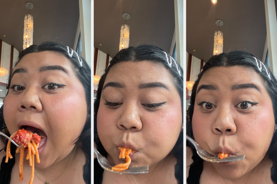 Three images of a woman eating spaghetti, shown in a sequence as she takes a bite, chews, and swallows