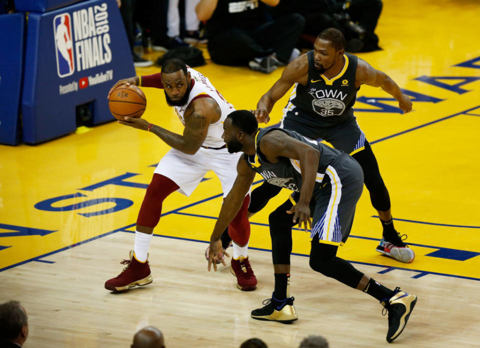 Draymond Green and Kevin Durant played integral roles in the defensive performance that helped the Warriors win Game 2. (Getty)