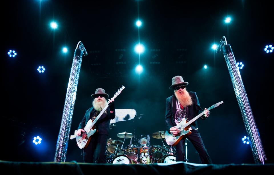 ZZ Top performs Saturday night during the Gang of Outlaws Tour concert on Fort Bragg. Three Doors Down and Gretchen Wilson opened for ZZ Top at the concert.