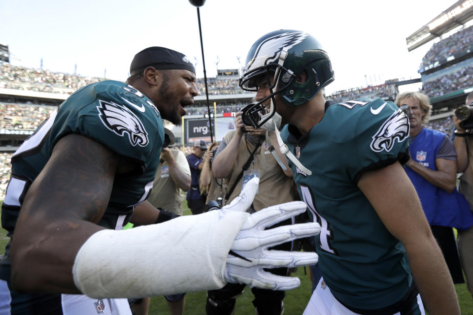 Philadelphia Eagles' Najee Goode, left, and Jake Elliott celebrate an Eagles win in September. (AP) 