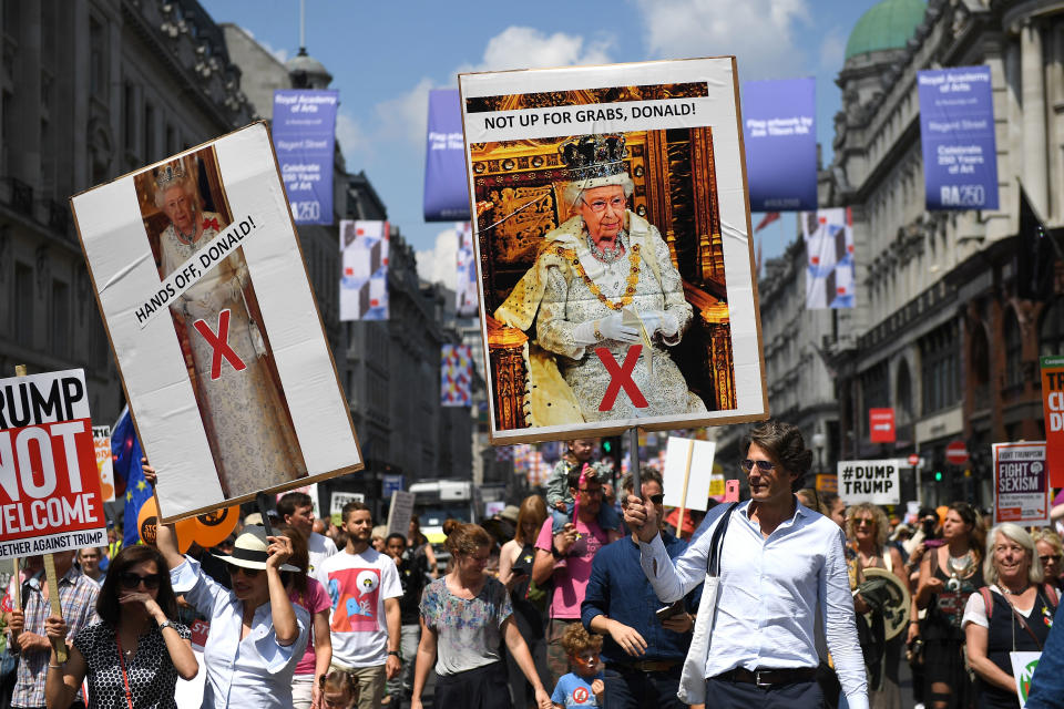 <p>Protesters join a Women’s march in central London to demonstrate against President Trump’s visit to the UK, on July 13, 2018 in London, England. (Photo: Chris J Ratcliffe/Getty Images) </p>