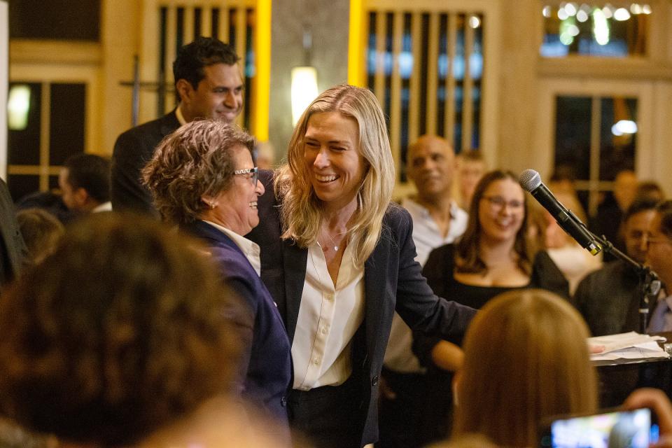 Luanne Peterpaul and Margie Donlon, both newly elected into the Assembly, celebrate at Senator Vin Gopal re-election headquarters, Avenue, in Long Branch, NJ Tuesday, November 7, 2023.