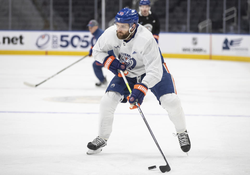 Edmonton Oilers' Leon Draisaitl (29) skates during NHL hockey practice, Wednesday June 12, 2024, in Edmonton, Alberta. The Oilers host the Florida Panthers in Game 3 of the Stanley Cup Finals on Thursday. (Jason Franson/The Canadian Press via AP)