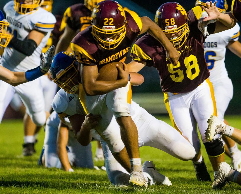 Brandywine's Ivory McCullough runs the ball during the Brandywine vs. Centreville High School football game Thursday, Aug. 26, 2021 at Brandywine High School. 