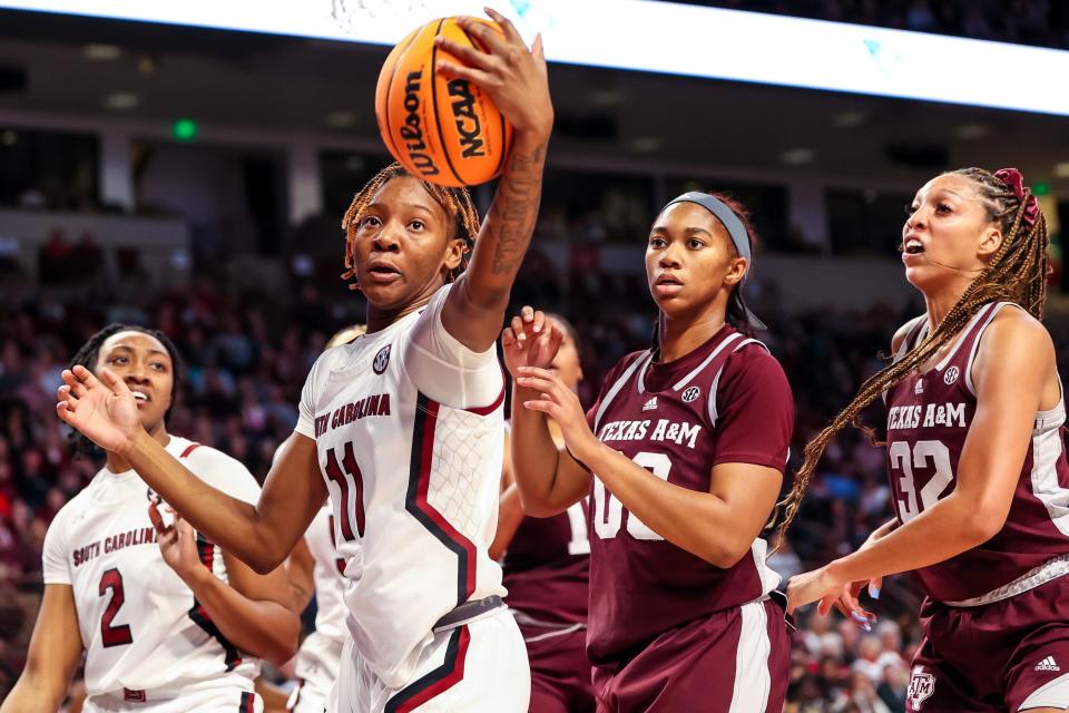 Dec 29, 2022; Columbia, South Carolina, USA; South Carolina Gamecocks guard Talaysia Cooper (11) grabs a rebound against the Texas A&M Aggies in the first half at Colonial Life Arena. Mandatory Credit: Jeff Blake-USA TODAY Sports