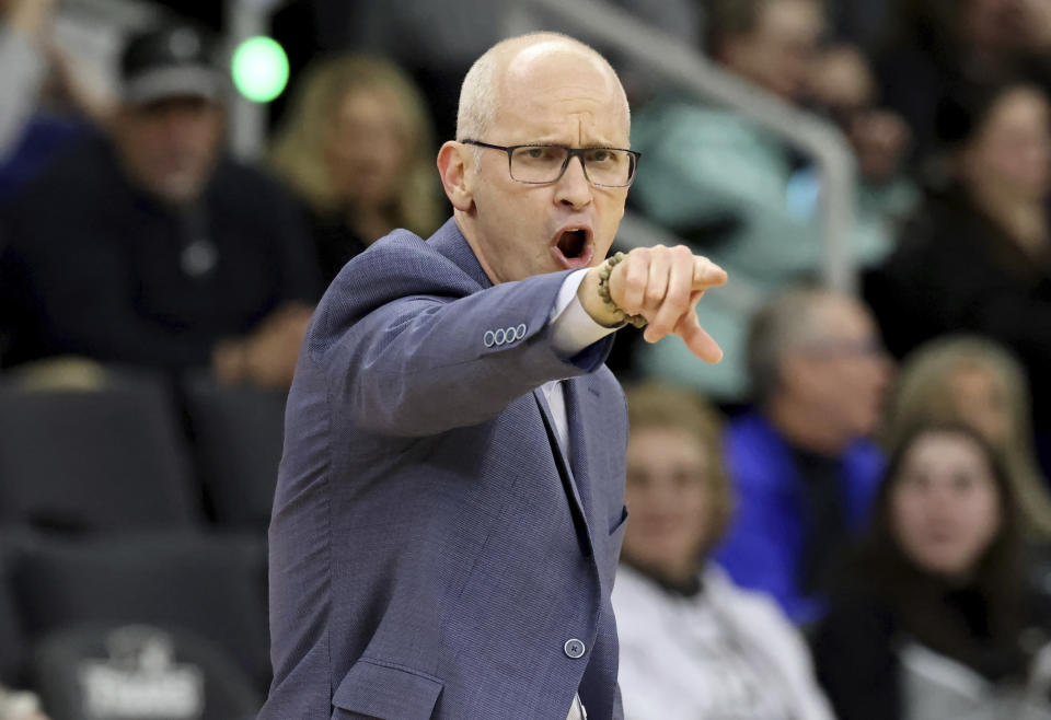 UConn head coach Dan Hurley yells calls during the second half of an NCAA college basketball game against Providence, Saturday, March 9, 2024, in Providence, R.I. (AP Photo/Mark Stockwell)