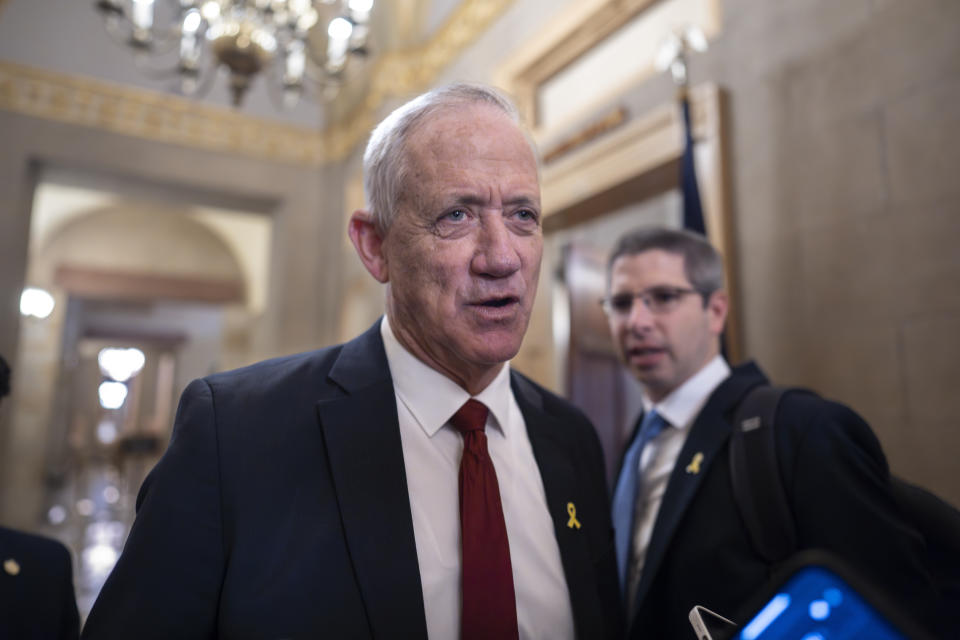 File - Benny Gantz, a former military chief and the top political rival of Israeli Prime Minister Benjamin Netanyahu, leaves a meeting at the Capitol in Washington, on March 4, 2024. Gantz joined the government in a show of unity. Netanyahu, Gantz and Defense Minister Yoav Gallant formed a three-man War Cabinet to direct the offensive. (AP Photo/J. Scott Applewhite, File)