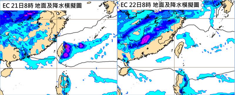 左圖：最新(18日20時)歐洲中期預報中心(ECMWF)模式，模擬週六(21日)8時地面及降水圖顯示，東北風已南下，迎風面明顯降水、背風面無降水。