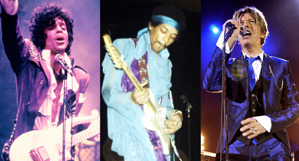 Prince, Jimi Hendrix, and David Bowie all loved purple. (Photos: Getty Images)