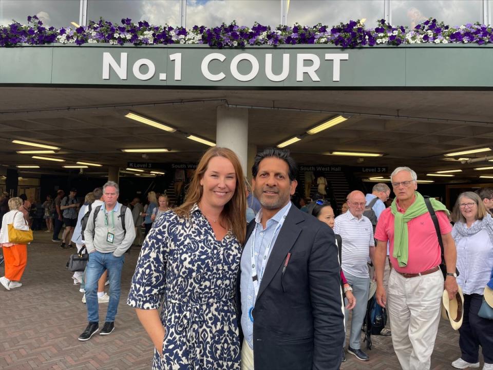 Ritesh Patel and Saira Burwood after watching Cameron Norrie’s Court 1 match at Wimbledon on Sunday (Laura Parnaby/PA) (PA Wire)
