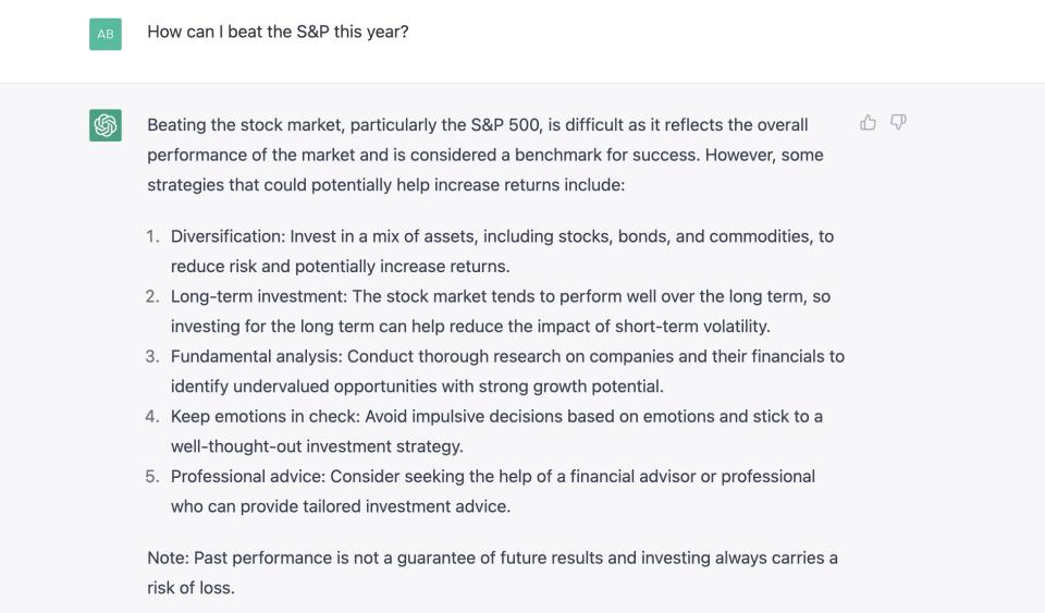 Respuesta de ChatGPT a la pregunta: ¿Cómo puedo superar al índice S&P 500 este año?