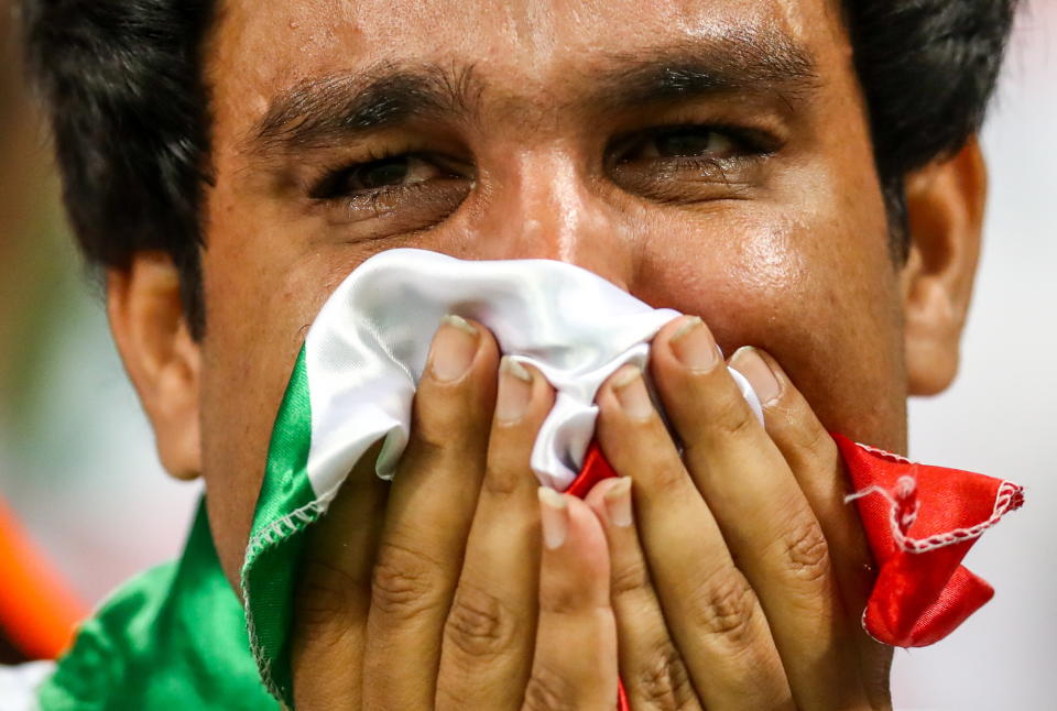 <p>Iran’s supporter reacts after their 2018 FIFA World Cup Group B football match against Portugal at Mordovia Arena Stadium. The game ended in a 1:1 draw. Stanislav Krasilnikov/TASS (Photo by Stanislav Krasilnikov\TASS via Getty Images) </p>