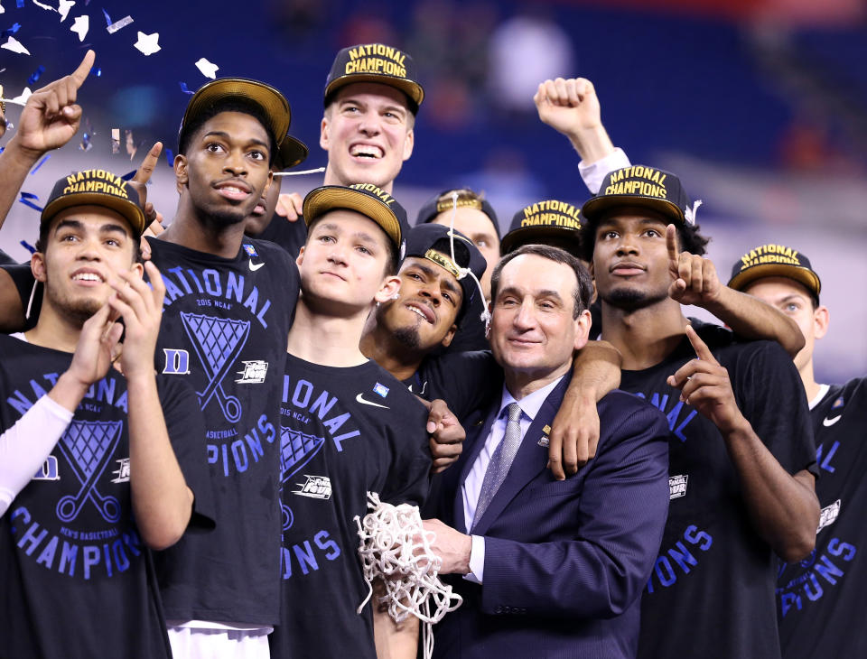 INDIANAPOLIS, IN - APRIL 06: Head coach Mike Krzyzewski of the Duke Blue Devils watches 