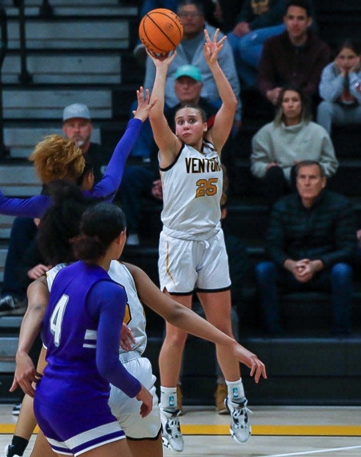 Ventura's Skyler Knight fires a 3-pointer against St. Anthony during a CIF-SS Division 2AA quarterfinal game at Ventura High on Wednesday, Feb. 14, 2024. Knight scored 22 points in the Cougars' 60-55 loss.