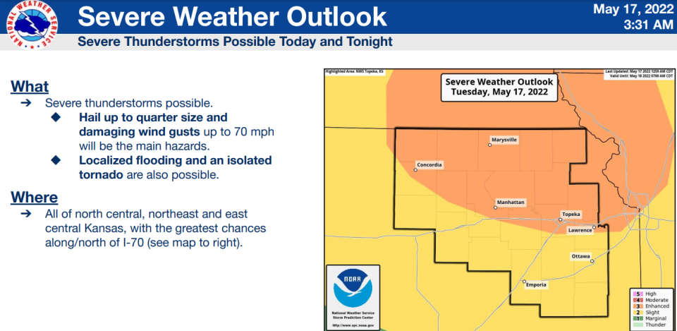 Topeka would be part of an area that would be at "enhanced" risk for severe weather Tuesday evening, according to this graphic posted on the website of the National Weather Service's Topeka office.