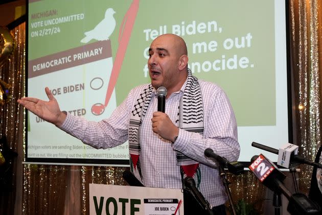 Abbas Alawieh speaks during an election night gathering, Feb. 27, 2024, in Dearborn, Michigan.