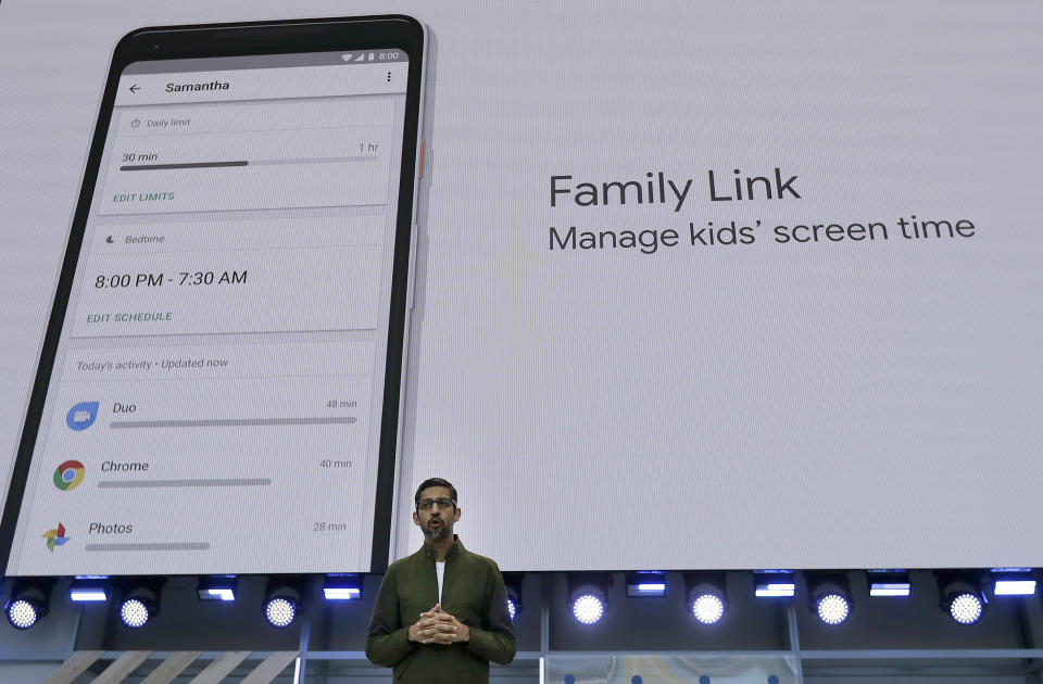 <em>Google CEO Sundar Pichai speaks about managing kids’ screen time at the Google I/O conference (AP)</em>
