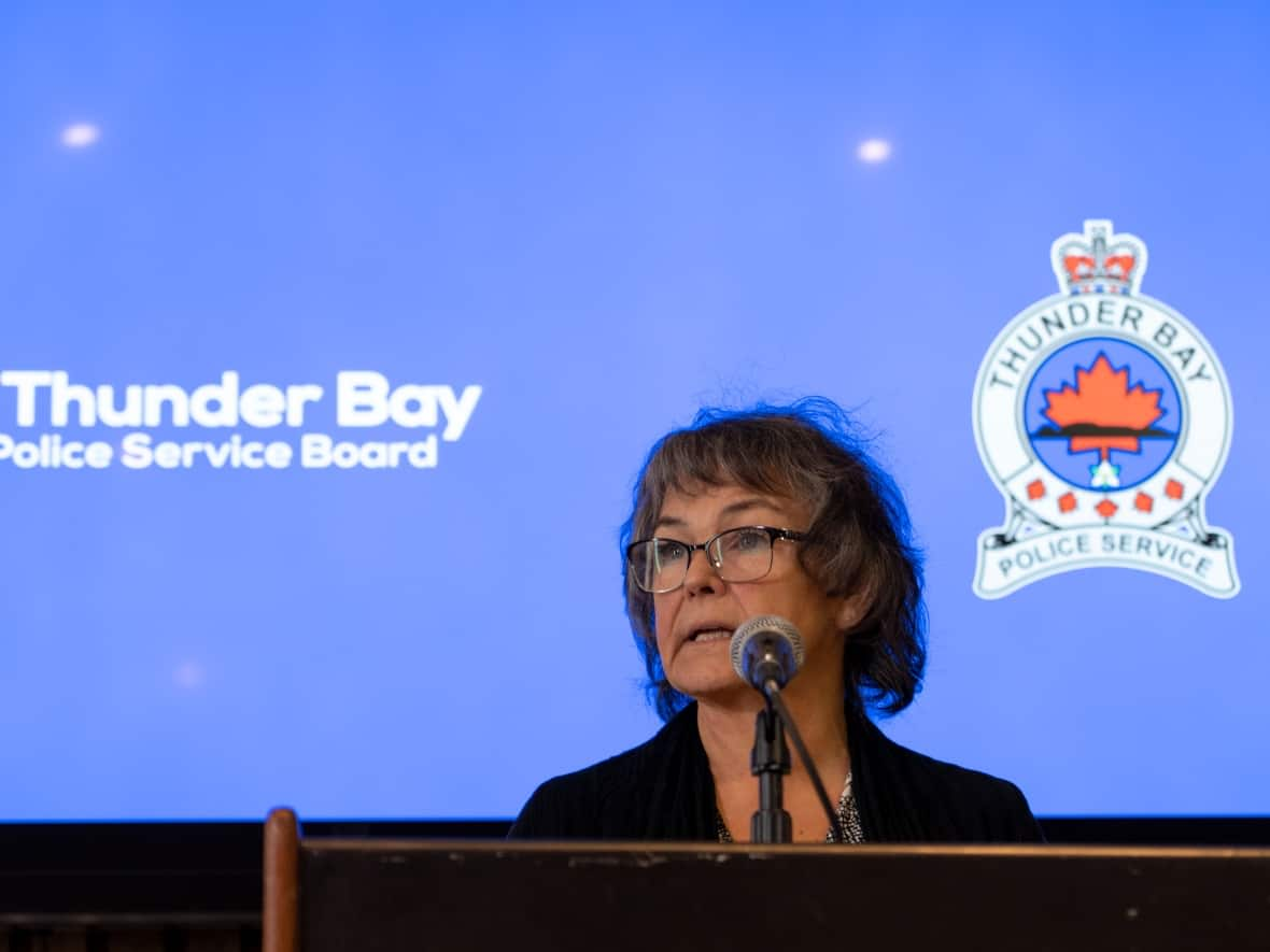 Thunder Bay Police Services Board chair Karen Machado responds to recent charges against former TBPS chief Sylvie Hauth, during a news conference on Monday in the northwestern Ontario city. (David Jackson/The Canadian Press - image credit)