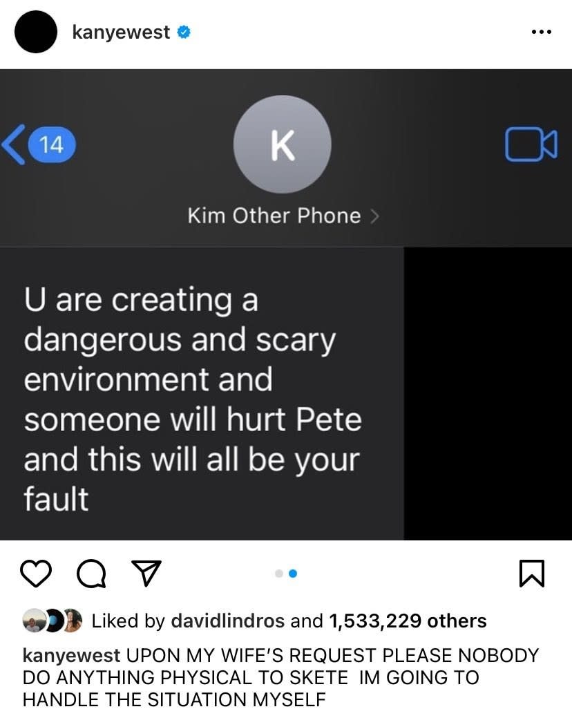 kim's message to kanye posted on his instagram asking people to leave pete alone