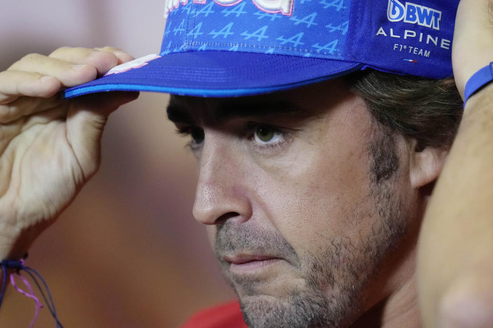 Alpine driver Fernando Alonso of Spain addresses to the media during a press conference at the Barcelona Catalunya racetrack in Montmelo, Spain, Friday, May 20, 2022. The Formula One race will be held on Sunday. (AP Photo/Manu Fernandez)