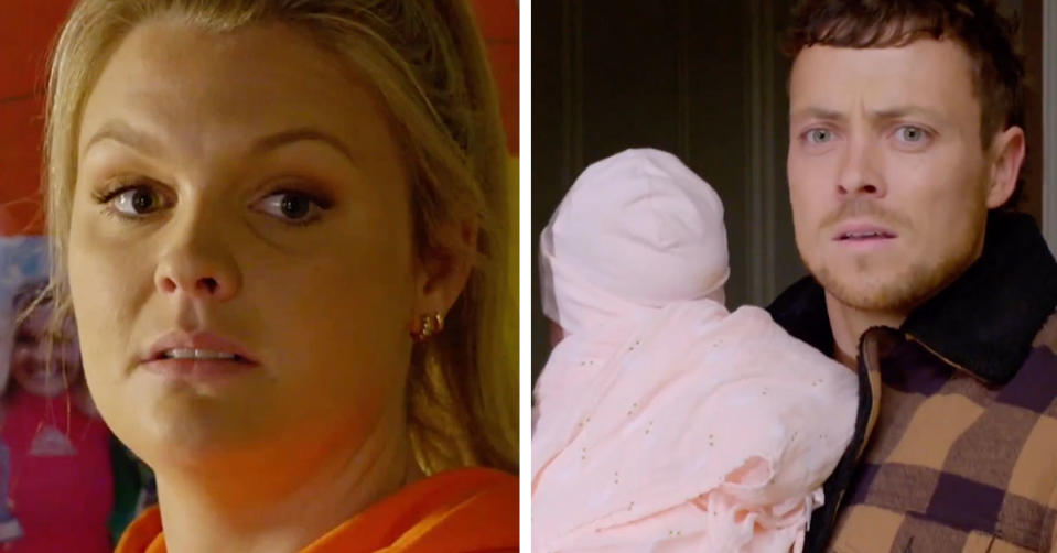 L: Home and Away star Sophie Dillman looking worried. R: Patrick O'Connor holding a baby on Home and away