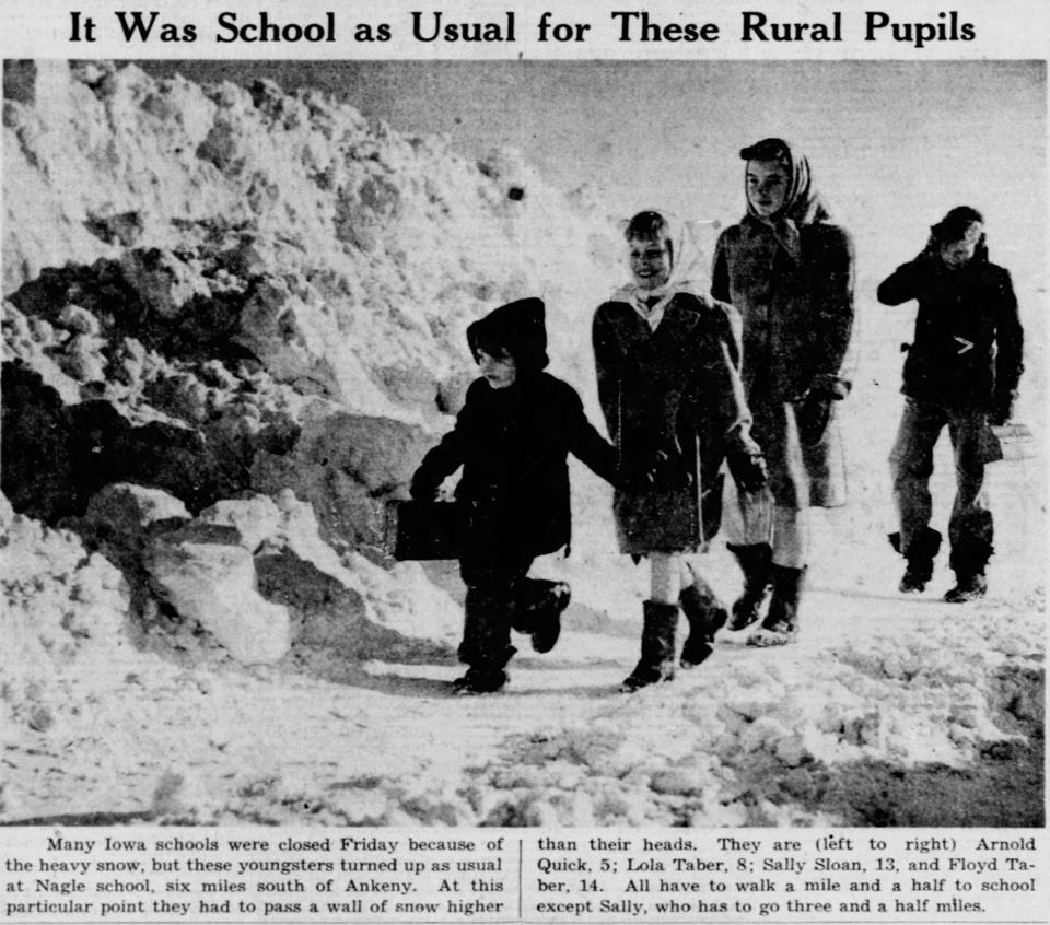 A clipping from a 1947 Des Moines Register article shows students walking past heavy snow to get to class at the Nagle schoolhouse.
