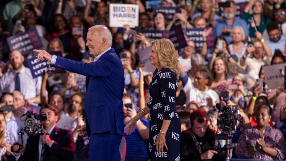 President Joe Biden and First Lady Jill Biden acknowledge supporters as they leave the stage during a campaign event at the Jim Graham building at the North Carolina State Fairgrounds in Raleigh on Friday June 28, 2024. Biden debated former President Trump in Atlanta Georgia the previous night.