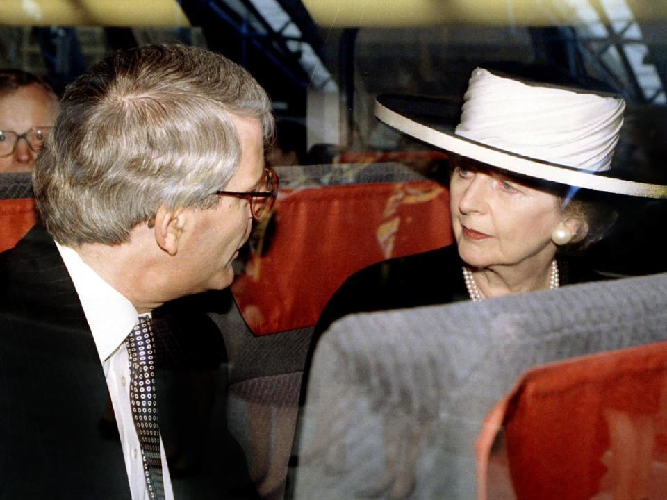 John Major and Margaret Thatcher on the inaugural Eurostar crossing in 1994, when the tunnel opened after 200 years of objections and fears had been overcome (Reuters)