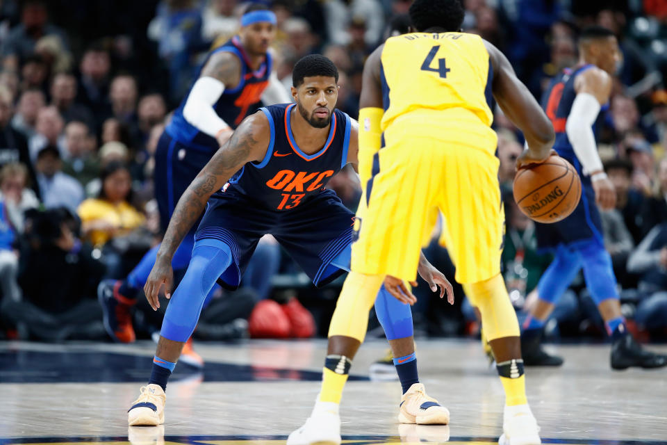 Paul George matches up against the Pacers’ Victor Oladipo late in Oklahoma City’s win Wednesday night. (Getty)