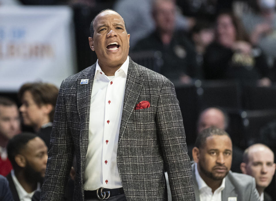 North Carolina State head coach Kevin Keatts directs his team in the first half of an NCAA college basketball game against Wake Forest on Saturday, Jan. 28, 2023, at Joel Coliseum in Winston-Salem, N.C. (Allison Lee Isley/The Winston-Salem Journal via AP)