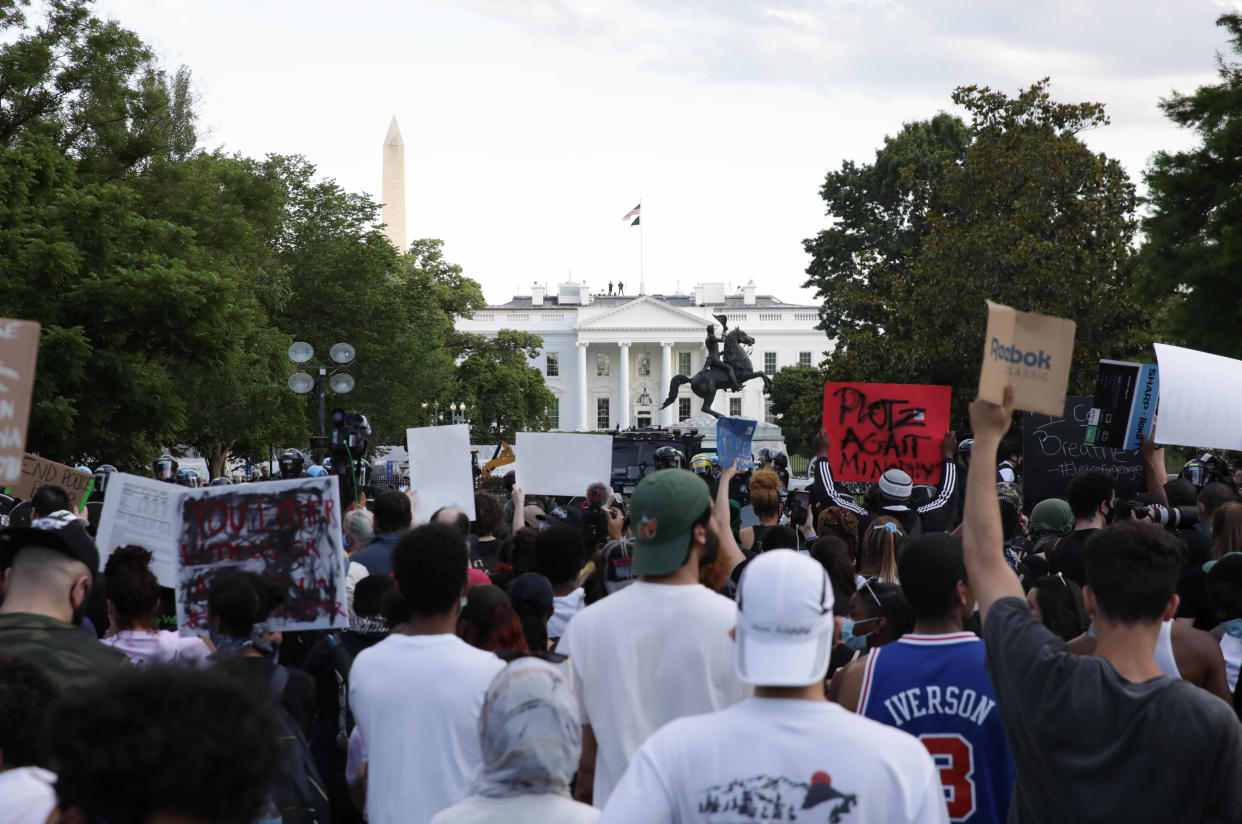 Demonstrators gather at Lafayette Park