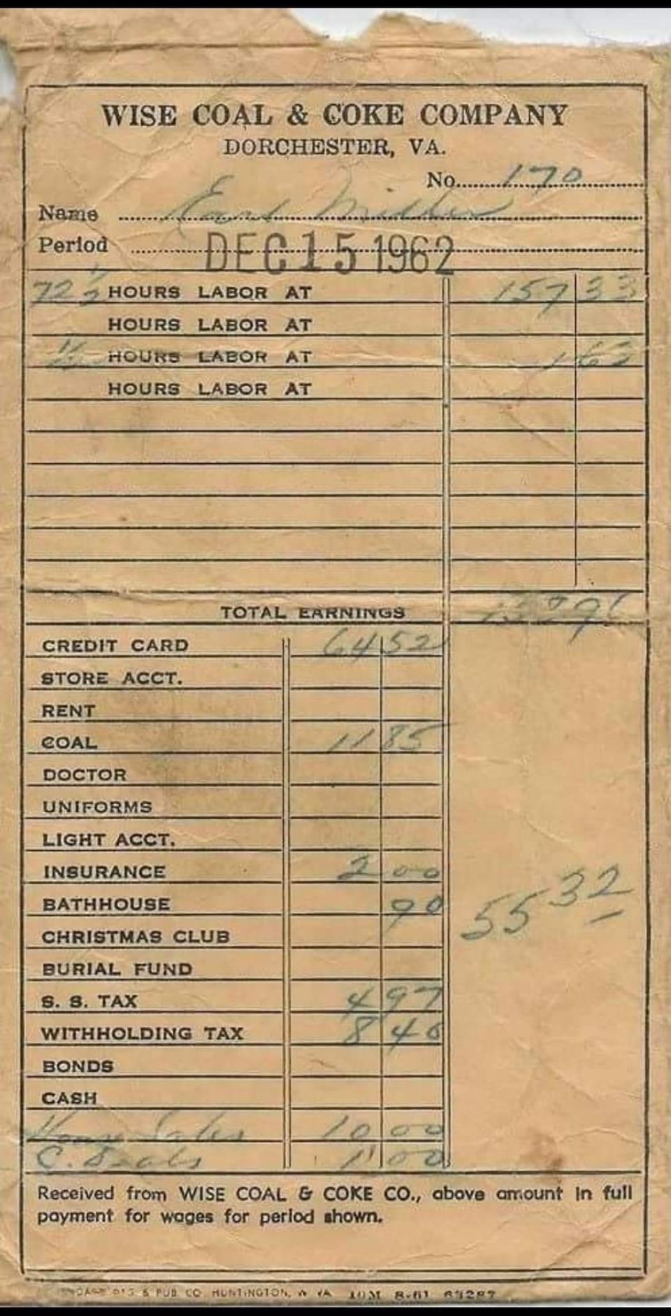 Payroll slip from Wise Coal & Coke Company, Dorchester, VA, dated December 15, 1962. Various hours and deductions are listed, resulting in a total earning of $20.55