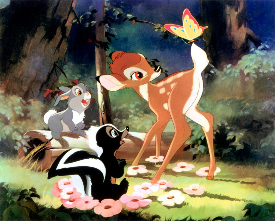 Thumper (from left), Flower and Bambi frolic in the forest in Disney's 1942 animated "Bambi" movie.