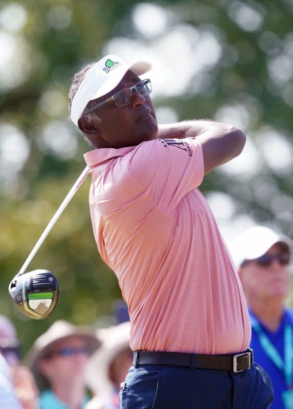 Vijay Singh swings on his tee shot on hole one in the Ascension Charity Classic in St. Louis on September 10, 2021. The golfer turns 61 on February 22. File Photo by Bill Greenblatt/UPI