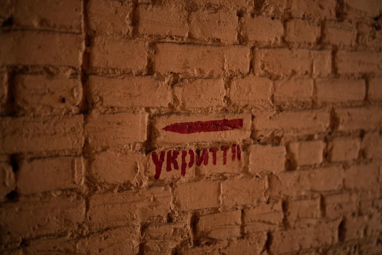 A signs reads &#x00201c;shelter&#x00201d; in a street of Kyiv, Ukraine (Copyright 2023 The Associated Press. All rights reserved)
