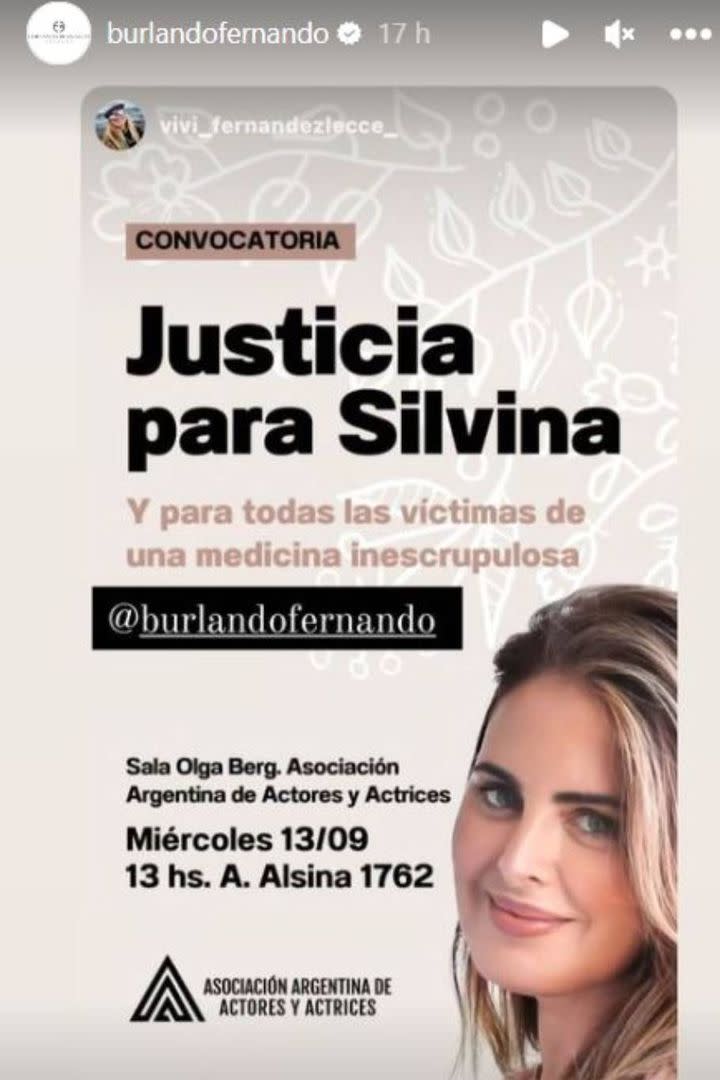 La convocatoria a la marcha por justicia por Silvina Luna que realiza la Asociación Argentina de Actores y Actrices y que difundió Fernando Burlando, abogado de la actriz rosarina, en sus redes