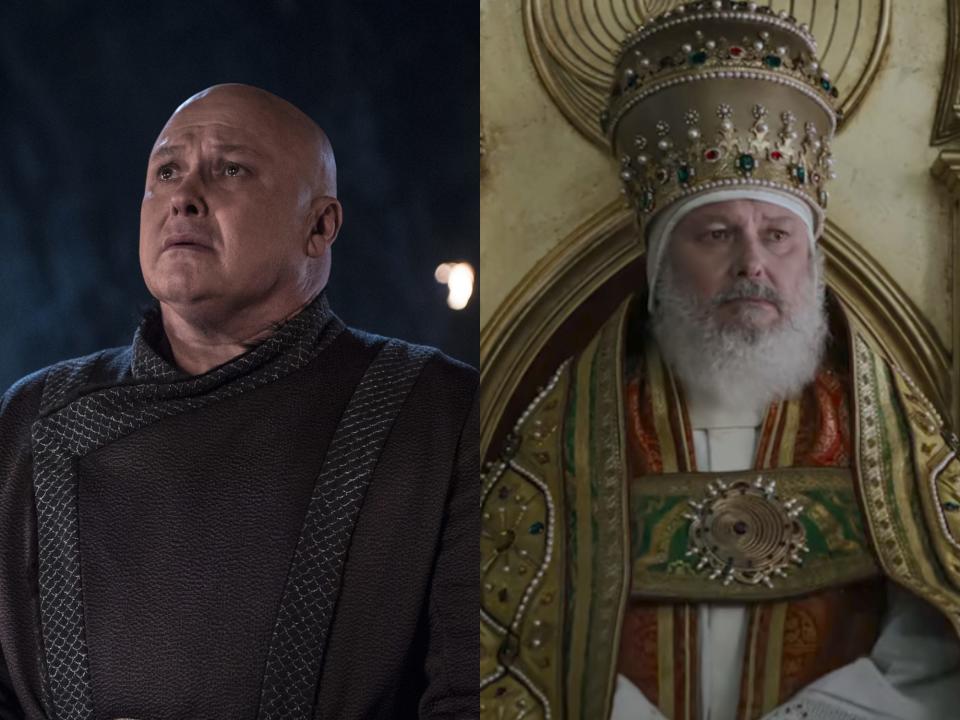 left: conleth hill as lord varys in game of thrones, wearing black robes and with a shaven head; right: conleth hill as the pope in three body problem, wearing an orante set of robes and a headpiece, with a beard