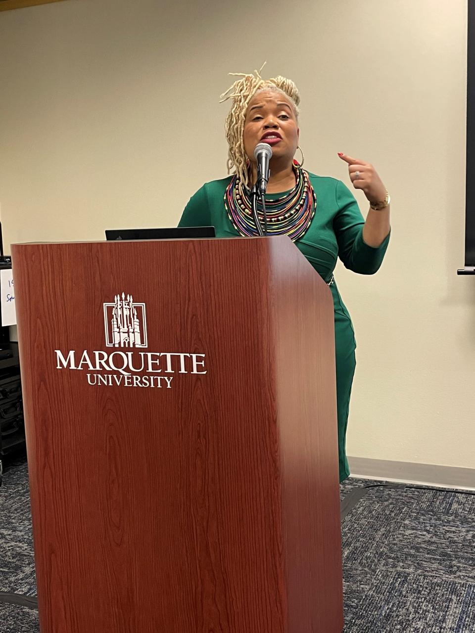 Dr. Lia Knox speaks about the importance of words when dealing with those in a mental health crisis. She spoke at a symposium, “Mental Health in the Black Community,” held March 4 at Marquette University in Milwaukee..