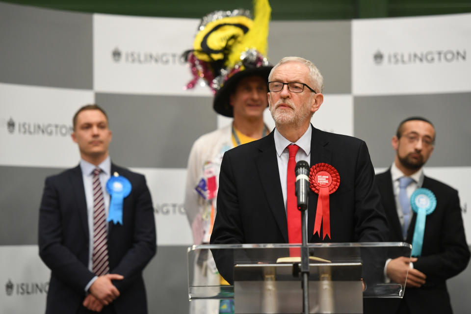 Labour leader Jeremy Corbyn speaks after the results was given at Sobell Leisure Centre for the Islington North constituency for the 2019 General Election.