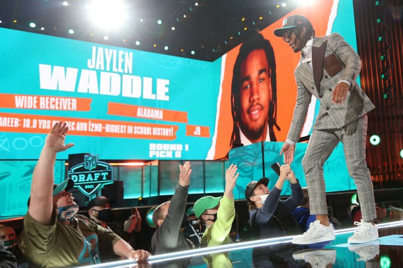 Wide receiver Jaylen Waddle joined the Miami Dolphins as the No. 6 overall pick in the 2021 NFL Draft. File Photo by Aaron Josefczyk/UPI