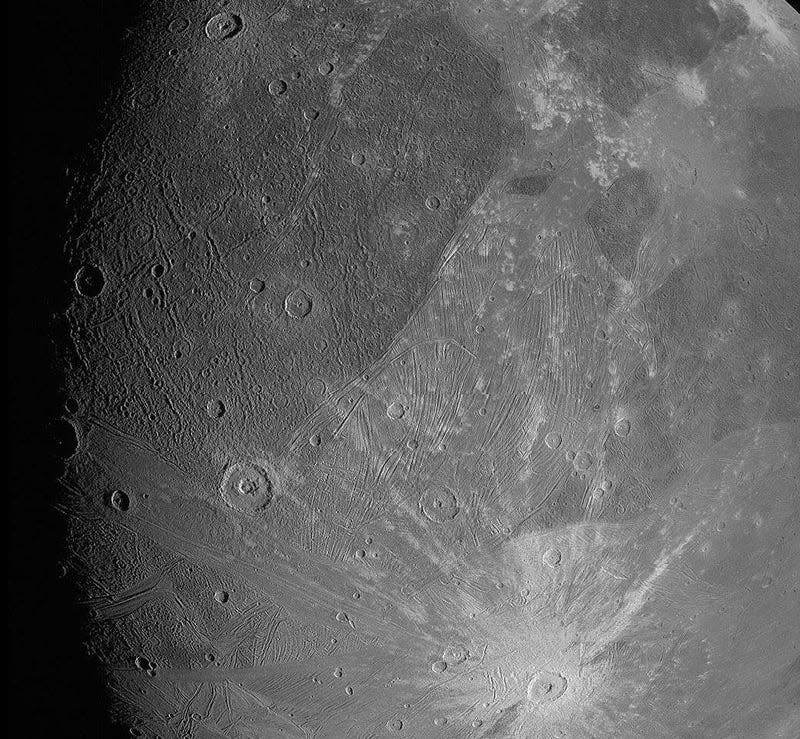 A view of Ganymede, as imaged by the Juno probe. 