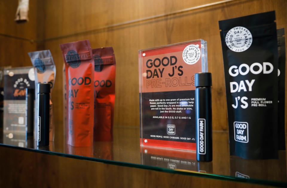 Marijuana pre-rolls on display at Good Day Farm dispensary on Friday, Jan. 27, 2023.