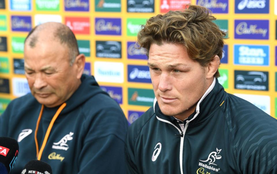 Wallabies captain Michael Hooper (left) has played 125 tests for Australia since his debut in 2012 - Eddie Jones (left) leaves captain out of Australia's World Cup squad