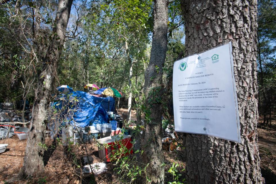 The Area Housing Commission has "Campsite Shelter Removal" notices posted at the Jones Swamp homeless camp off North Navy Boulevard in Pensacola on Wednesday, Feb. 21, 2024.