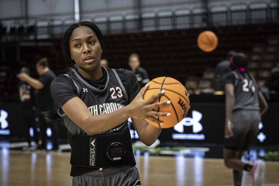 South Carolina college basketball player Bree Hall attends a training session at the Halle Carpentier gymnasium, Saturday, Nov. 4, 2023 in Paris. Notre Dame will face South Carolina in a NCAA college basketball game Monday Nov. 6 in Paris. (AP Photo/Aurelien Morissard)